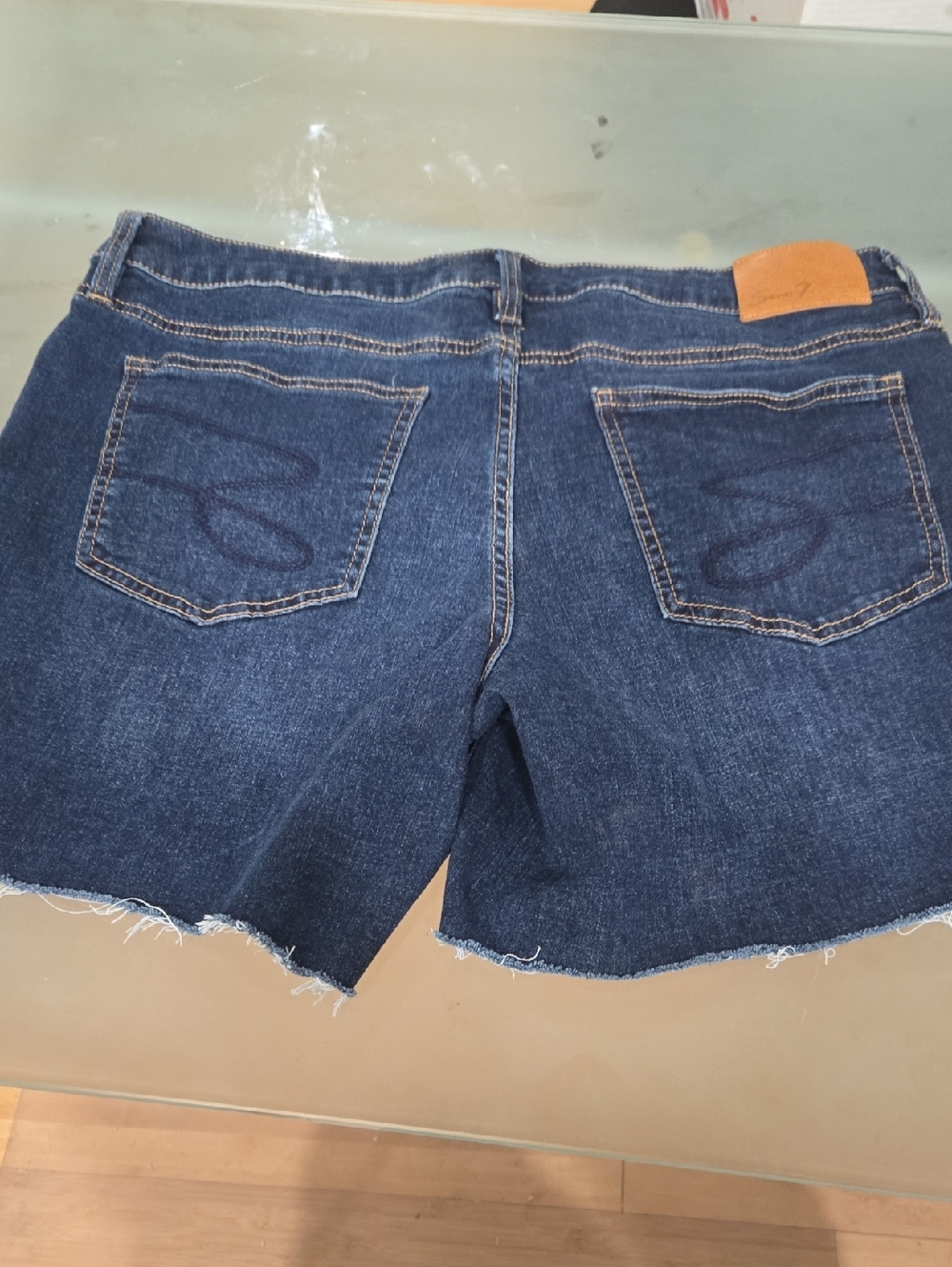 Seven7 Dark Blue Denim Shorts with Brown Leather Patch